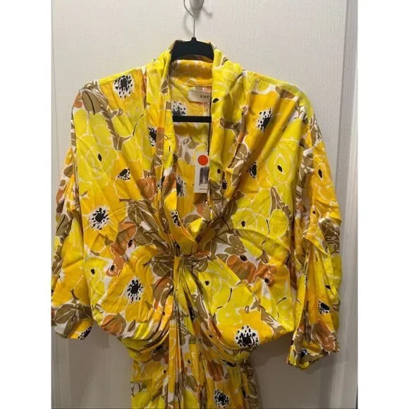 S/W/F Twist Front Plunge Midi Dress Summer Poolside Dress In Yellow Floral Weddi - Picture 5 of 6